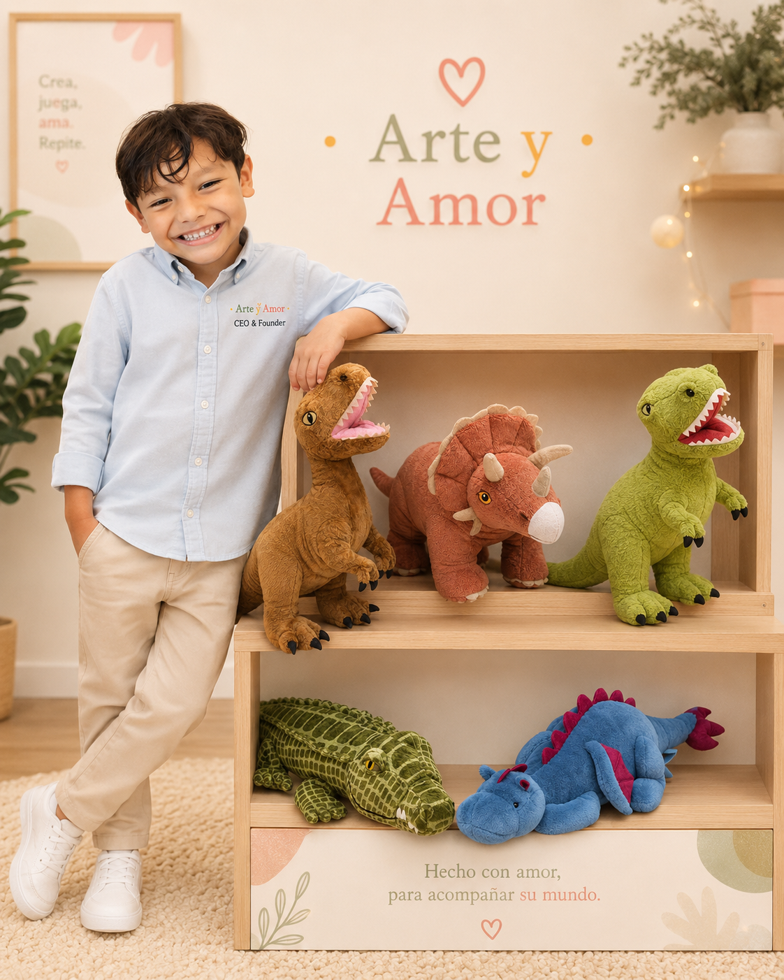 Luciano junto a la colección de peluches Niños Artistas en una vitrina cálida