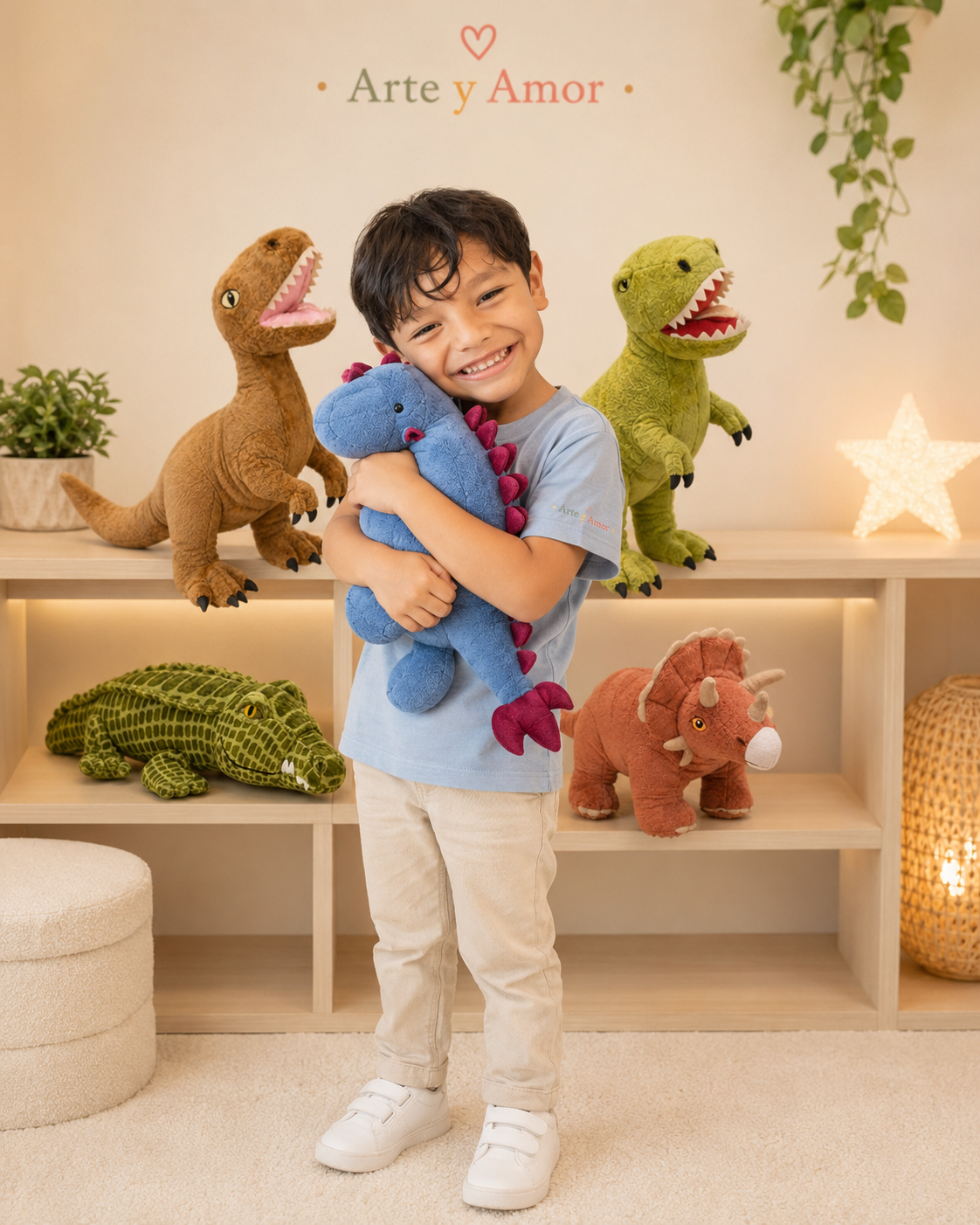 Luciano abrazando el peluche dragón azul de Niños Artistas