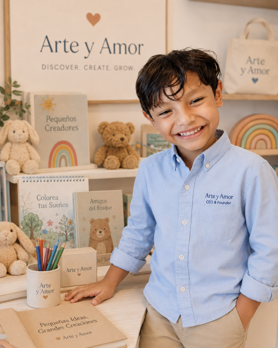Luciano sonriendo junto a productos Niños Artistas en un espacio creativo y familiar